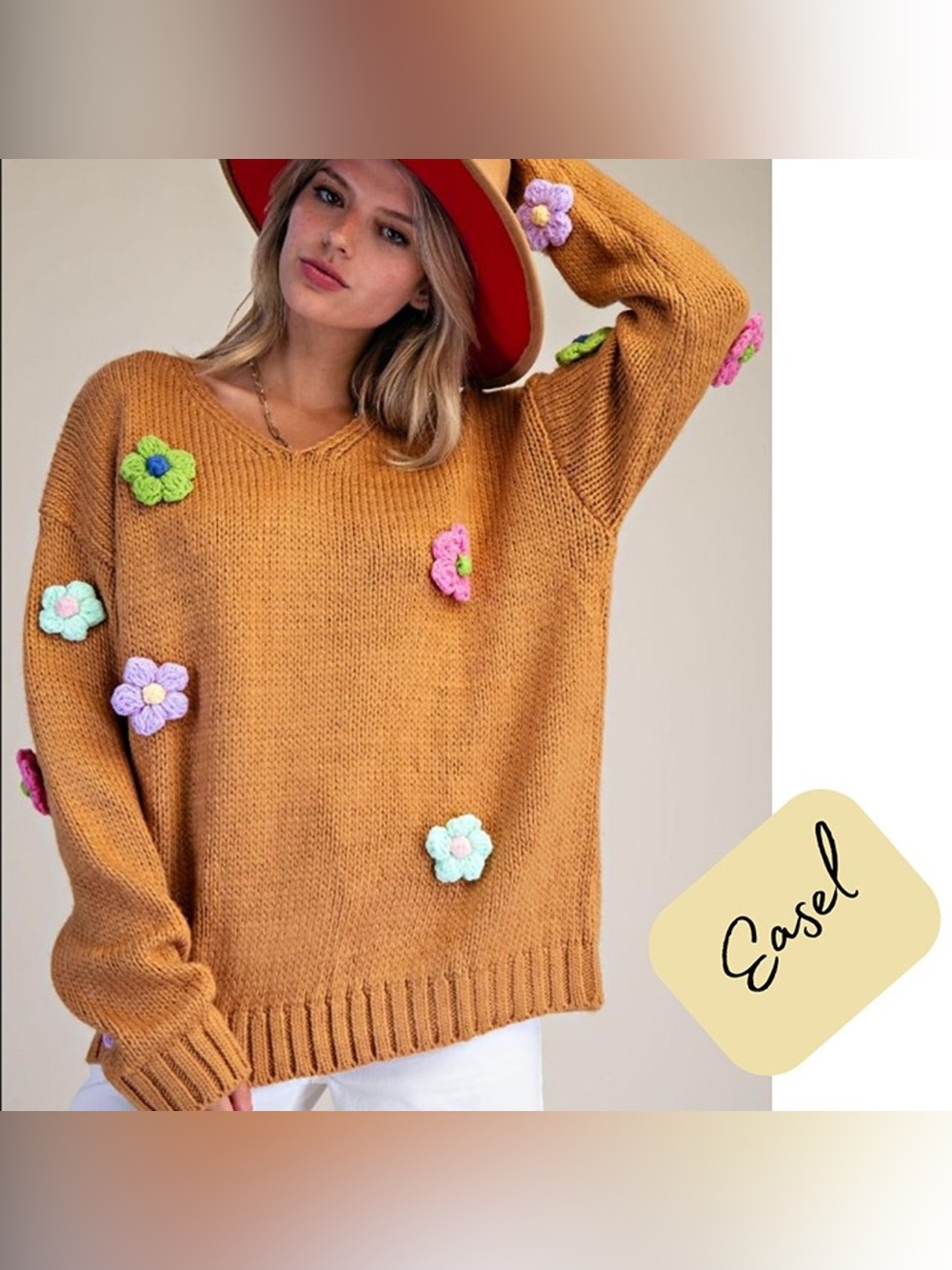 Easel Daisy Flower Appliqué Knit Sweater Pullover NWT